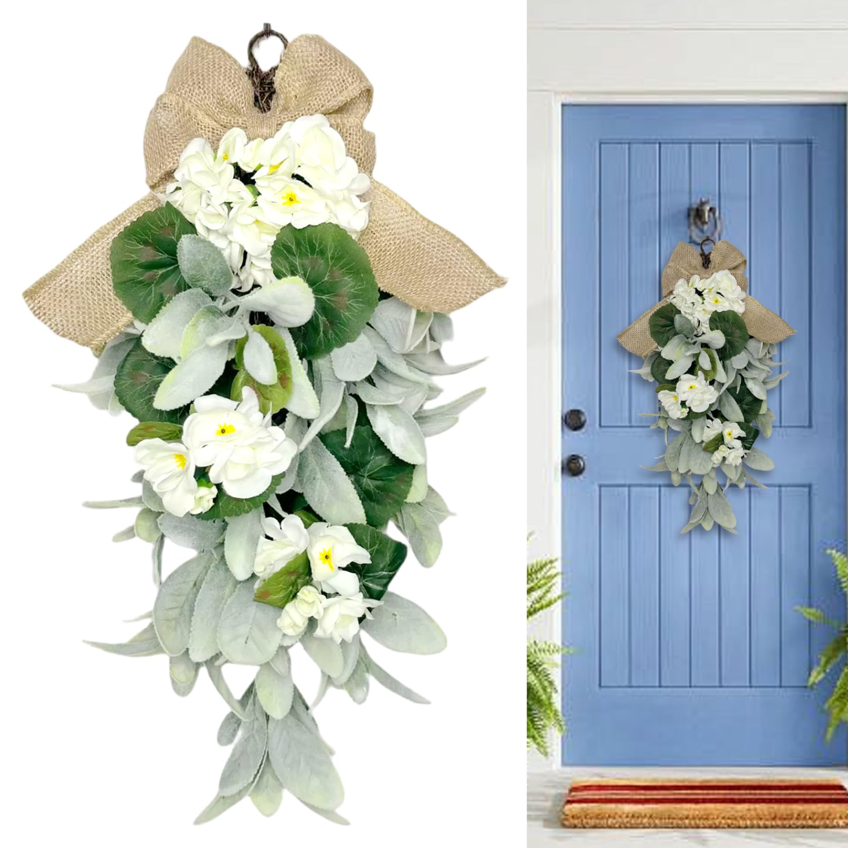 Bemonew Teardrop Wreaths for Front Door Teardrop Wreath with Burlap Bow Artificial Green and White Foliage for Farmhouse Wedding Wall or Porch Decor, 19