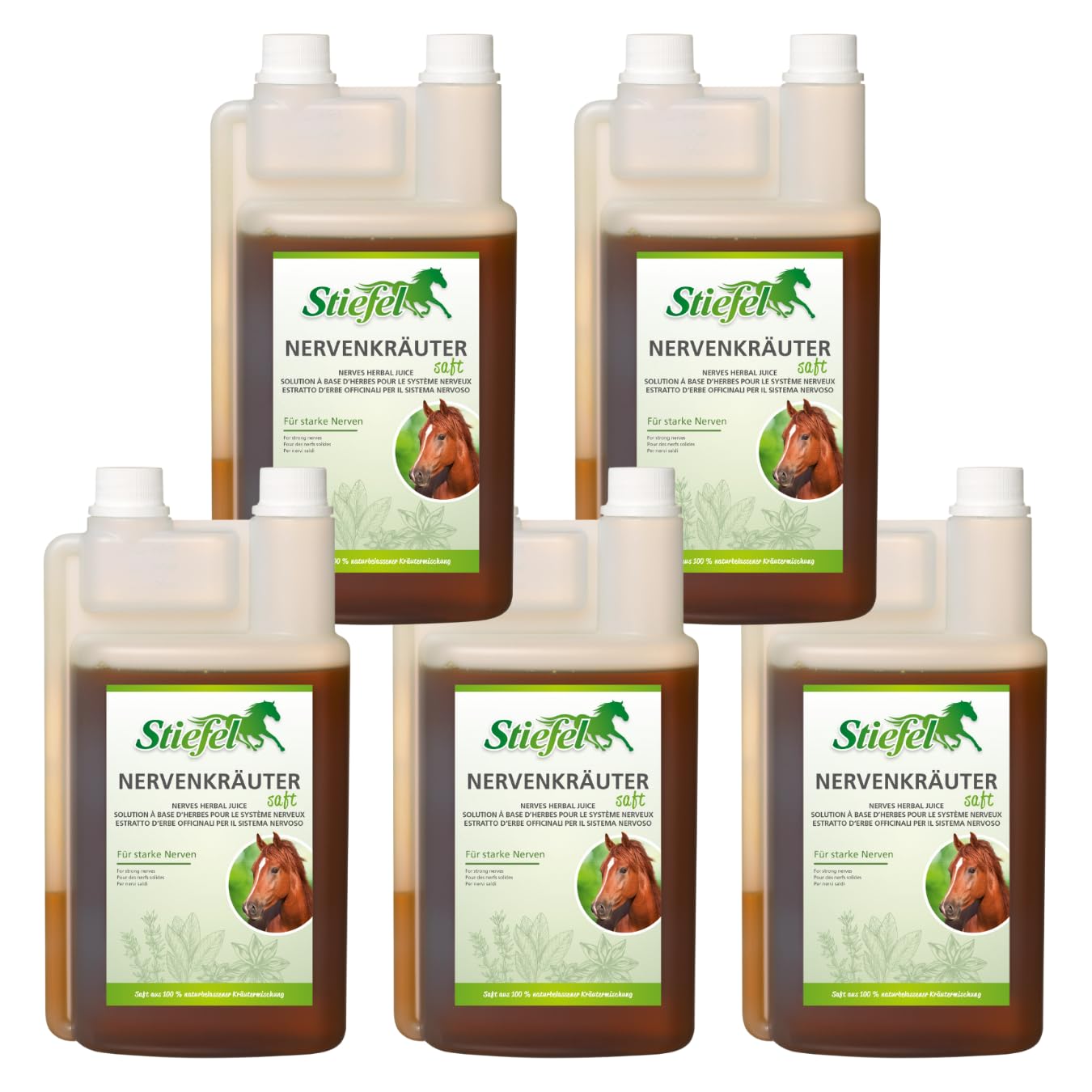 RL24 Stiefel - Nervenkräutersaft für Starke Nerven – 5 x 1000 ml | (5er Set) – Flasche – Kräutersaft mit Lavendel – Ergänzungsfuttermittel für nervöse & gestresste Pferde