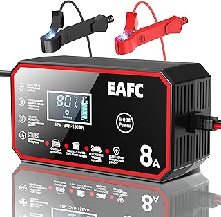 EAFC Cargador de Baterías 12V 8A para Talleres, Aficionados | Coche, Moto, Camión, Caravana | Compatible AGM/Gel/LiFePO4 (2Ah-150Ah) | Reparación, Carga Rápida, Cable 1.5m