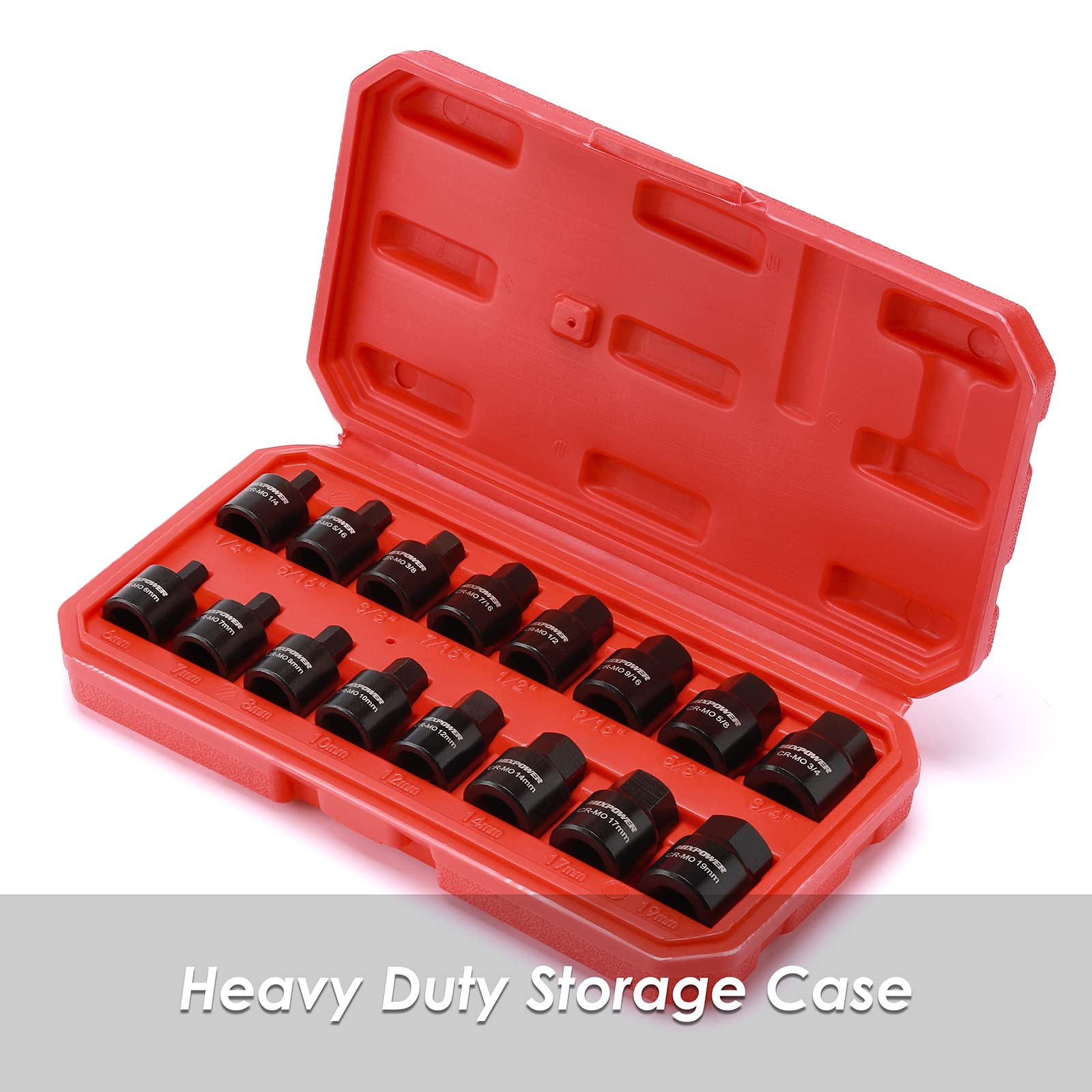 MIXPOWER Juego de controladores hexagonales de impacto de perfil bajo de 3 8 pulgadas 16 piezas SAE métrico hexagonal 1 4 pulgadas 3 4 pulgadas 6 mm 19 mm acero CrMo construcción de una pieza