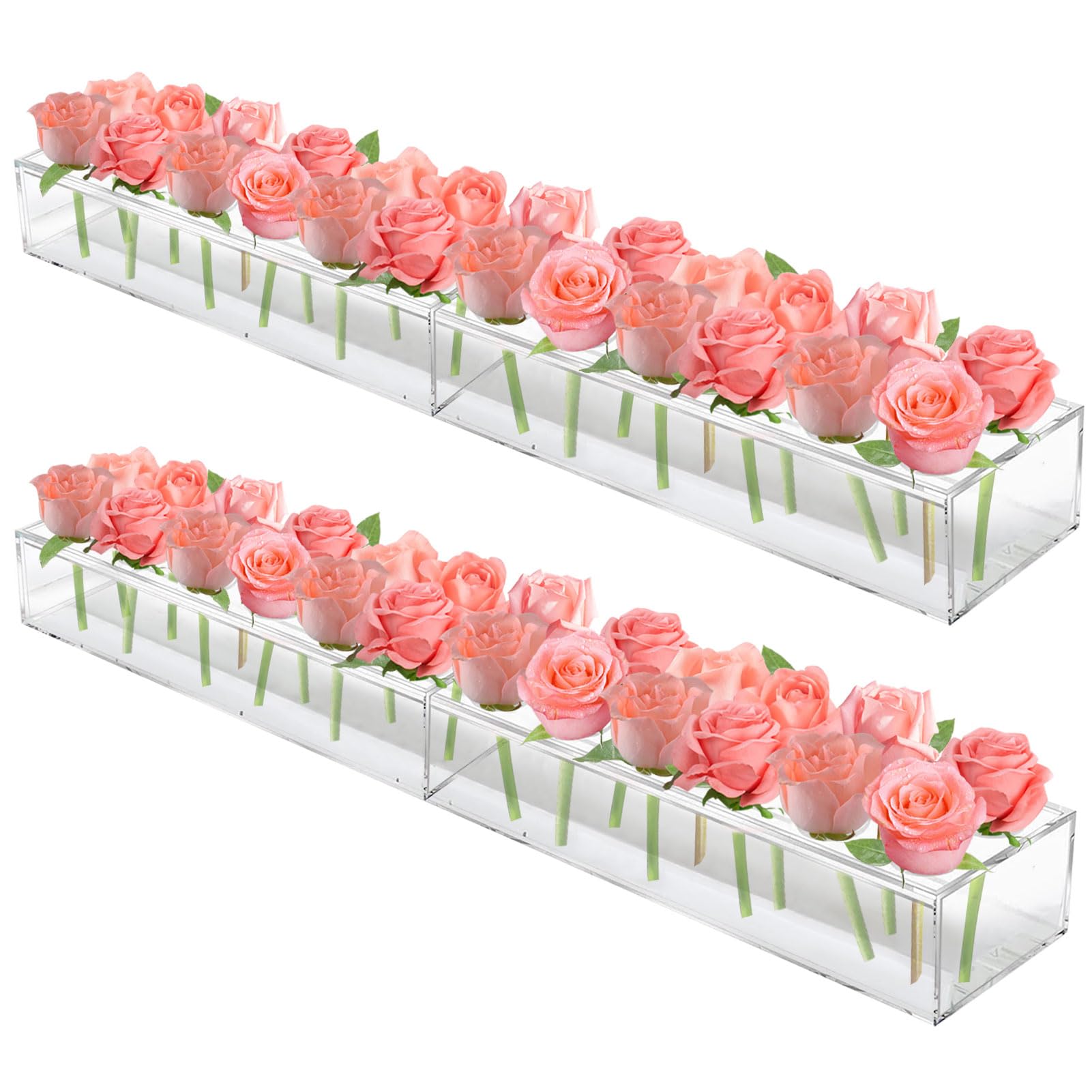 Photo 1 of 4 PCS Acrylic Flower Vase Rectangular Floral Centerpiece Clear Acrylic Vase with Holes for Flowers -Total 2 Pack 24 Inches Low Acrylic Flower Vase Modern Vase for Wedding Christamas Home Decor