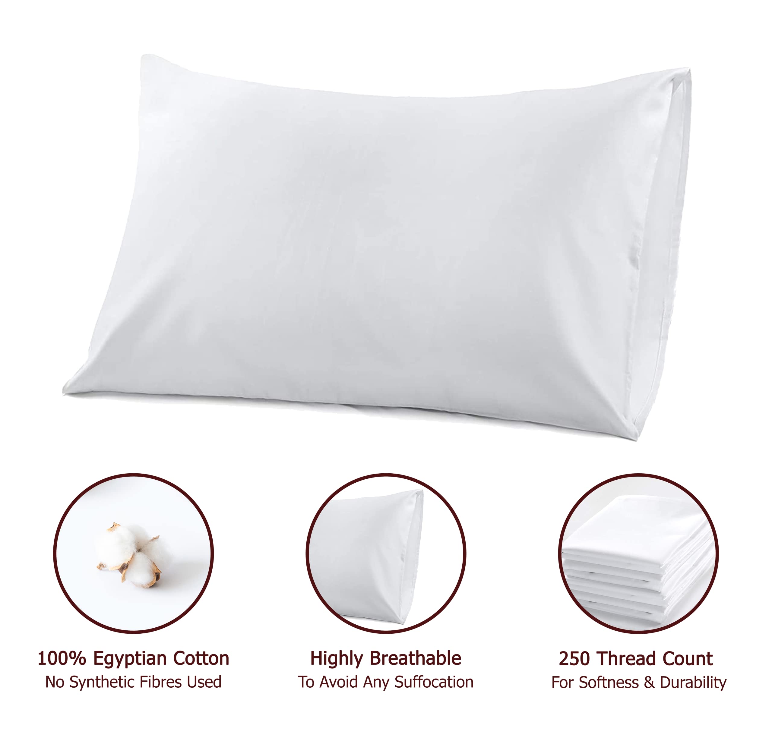 4 Pack Egyptian Cotton Pillowcases - 250 Thread Count, Hotel Quality, Standard Size 50x75cm, White