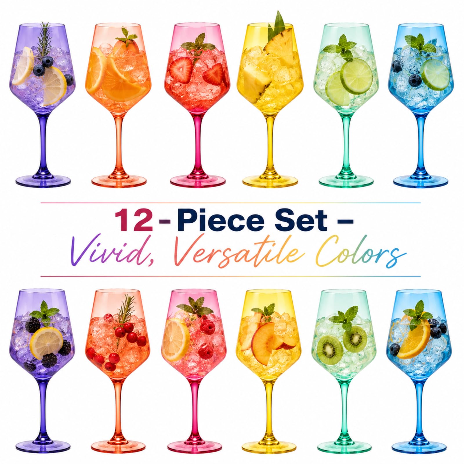 Lot de 12 verres à vin à pied en plastique incassable de style européen Tritan Couleurs vives incassables Sans BPA Pour extérieur, piscine, intérieur, lavage à la main 500 ml Cadeau quotidien et
