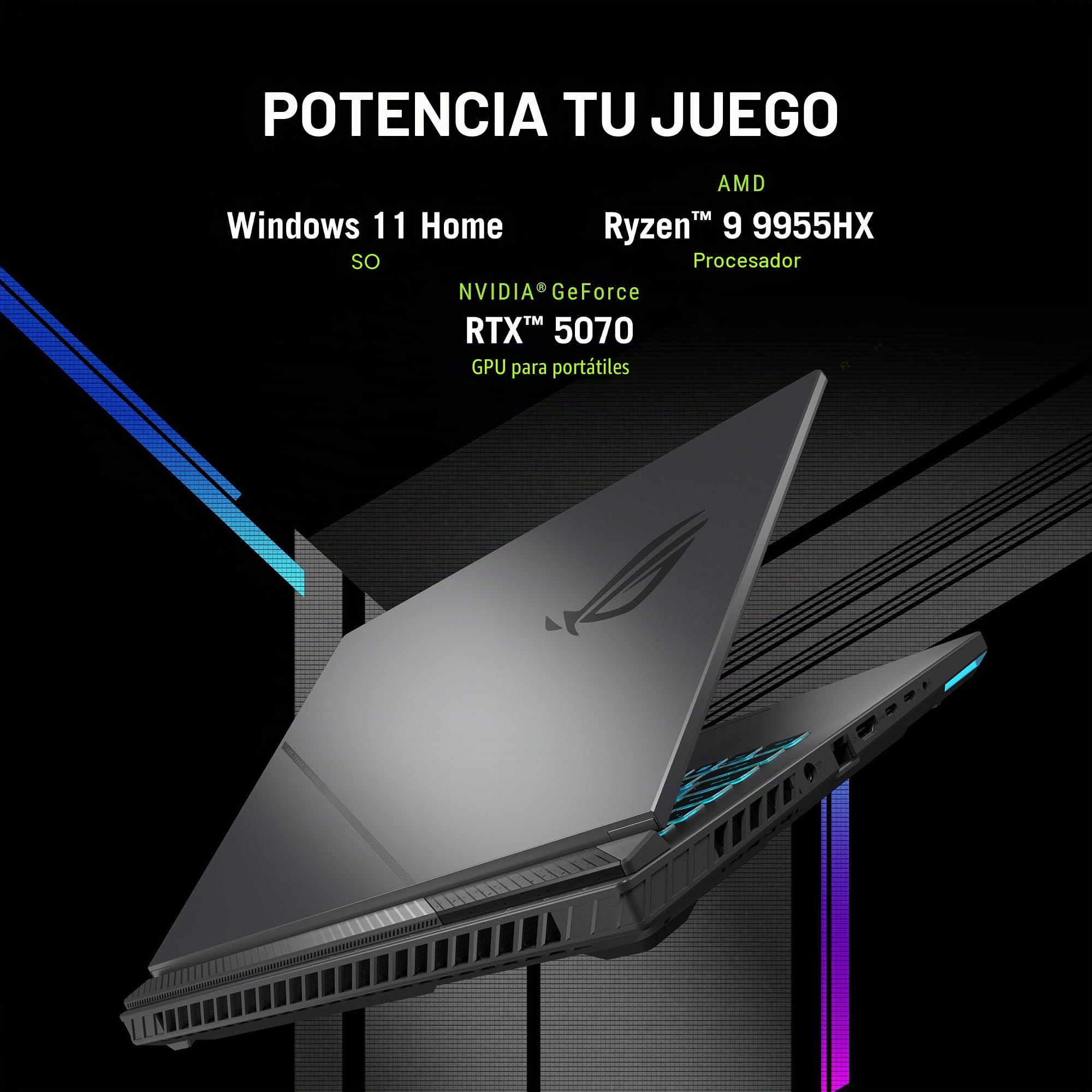 ASUS ROG Strix G16 (2025), 16" ROG Nebula 16:10 2.5K 240Hz/3ms, NVIDIA GeForce RTX 5070, AMD Ryzen 9 9955HX, 32GB DDR5-5600, 1TB PCIe Gen 4ª generación SSD, Wi-Fi 6. E