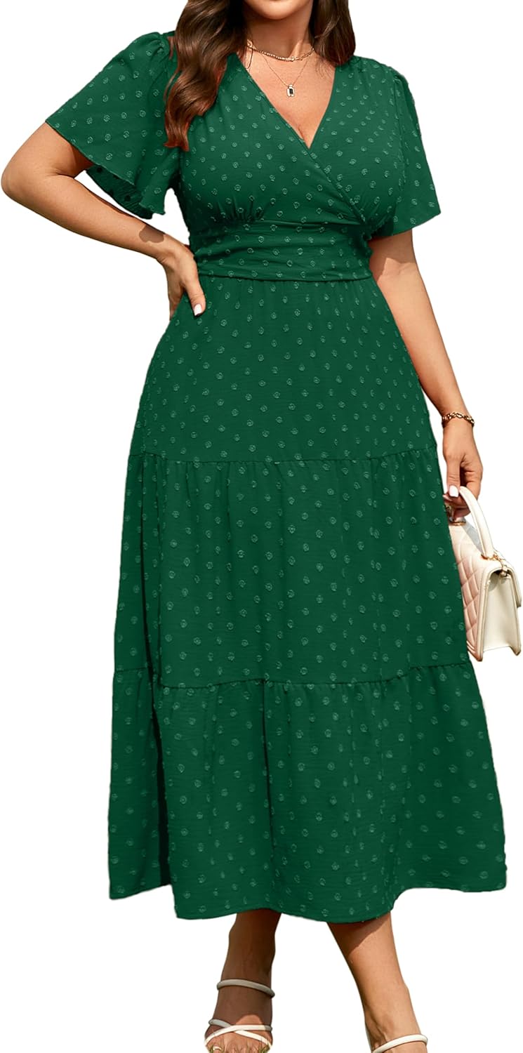 RWJ Women's Plus Size Wrap V Neck Dress Summer Short Sleeve Swiss Dot Empire Waist Casual Holiday Wedding Maxi Dresses