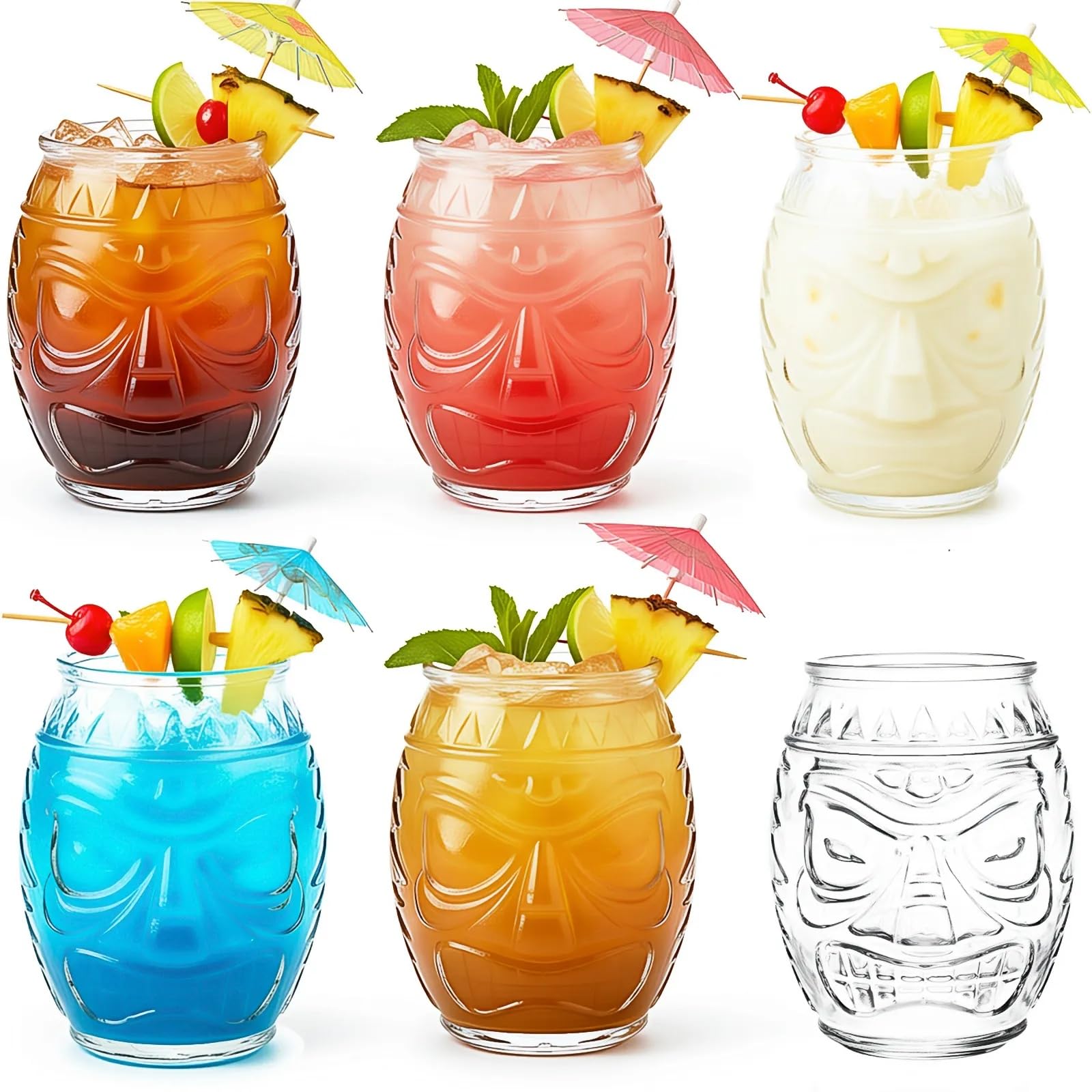 TOPZEA 6 Pack 16 Oz/450 ML Modern Bar Tiki Glass Mug, Clear Tiki Glasses Cups Double Face Old Fashioned Mixed Cocktail Mugs for Mai Tai, Pina Colada, Punch, Hawaiian Luau Halloween Party Drinkware