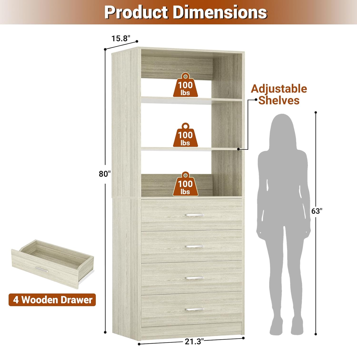 Aheaplus Closet Drawers Organizer System, 21.3" Wood Closet System with 4 Drawers, Modular Walk-in Closets Storage Unit, Tall Bookshelf Storage Cabinet, White Oak