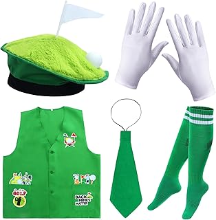 Funny Golf Costume 5 Pcs Golf Beret Green Vest Gloves Tie Sock for Adult Halloween Golf Themed Birthday Costume Party