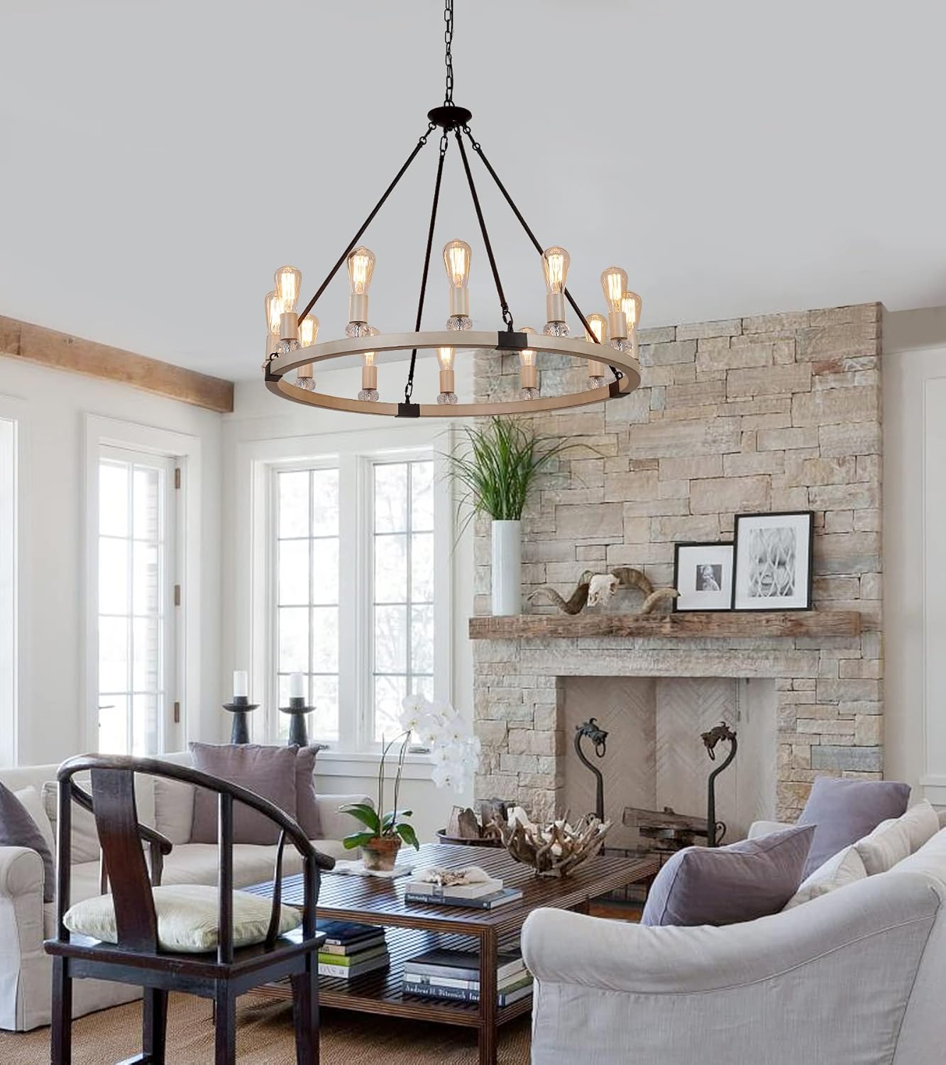 MEIXISUE Farmhouse Wagon Wheel Chandelier Light Fixtures,Oak White and Black,12-Lights Metal Large Luxury High Ceiling Chandeliers for Dining Room Kitchen Island Living Room Foyer W35.4 UL Listed