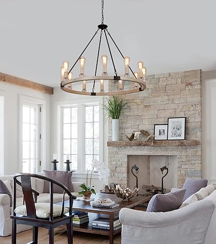 Miniatura 4 de MEIXISUE Lámpara de araña de rueda de carro, roble blanco y negro, 12 luces de metal grandes de lujo para comedor, cocina, isla, sala de estar,