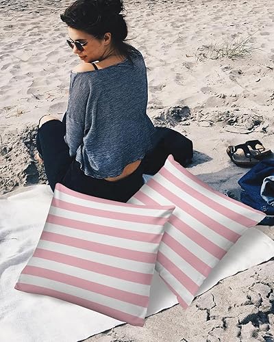 Miniatura 7 de ALAGEO Fundas de almohada impermeables para exteriores para muebles de patio, diseño de rayas rosas y blancas, fundas de almohada decorativas a