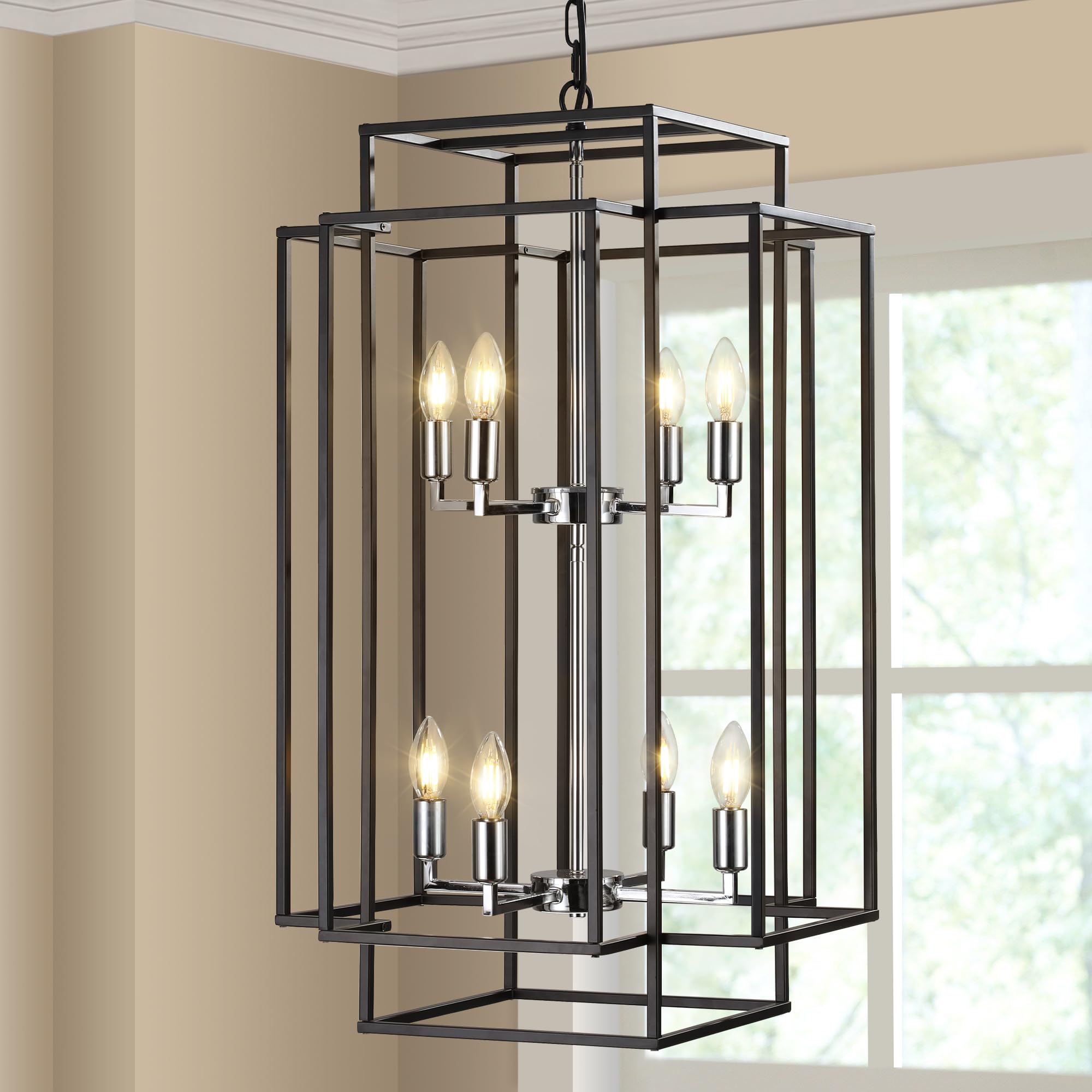 GOWE 8-Lights Lantern Tiered Pendant Light Fixtures, Industrial Farmhouse Hanging Chandelier for Entryway, Foyer, Living Room, Kitchen Island, Staircase(Black & Silver)