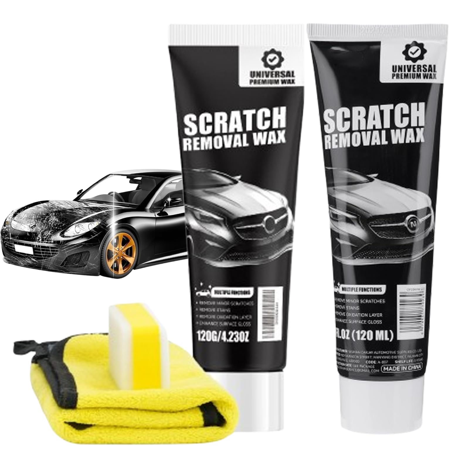 Car Scratch Remover Wax, Professional Scratch Repair Compound with Sponge Applicator & Wiping Cloth for All Vehicles & Glossy Paints, Deep & Minor Scratch Removal (2PCS)