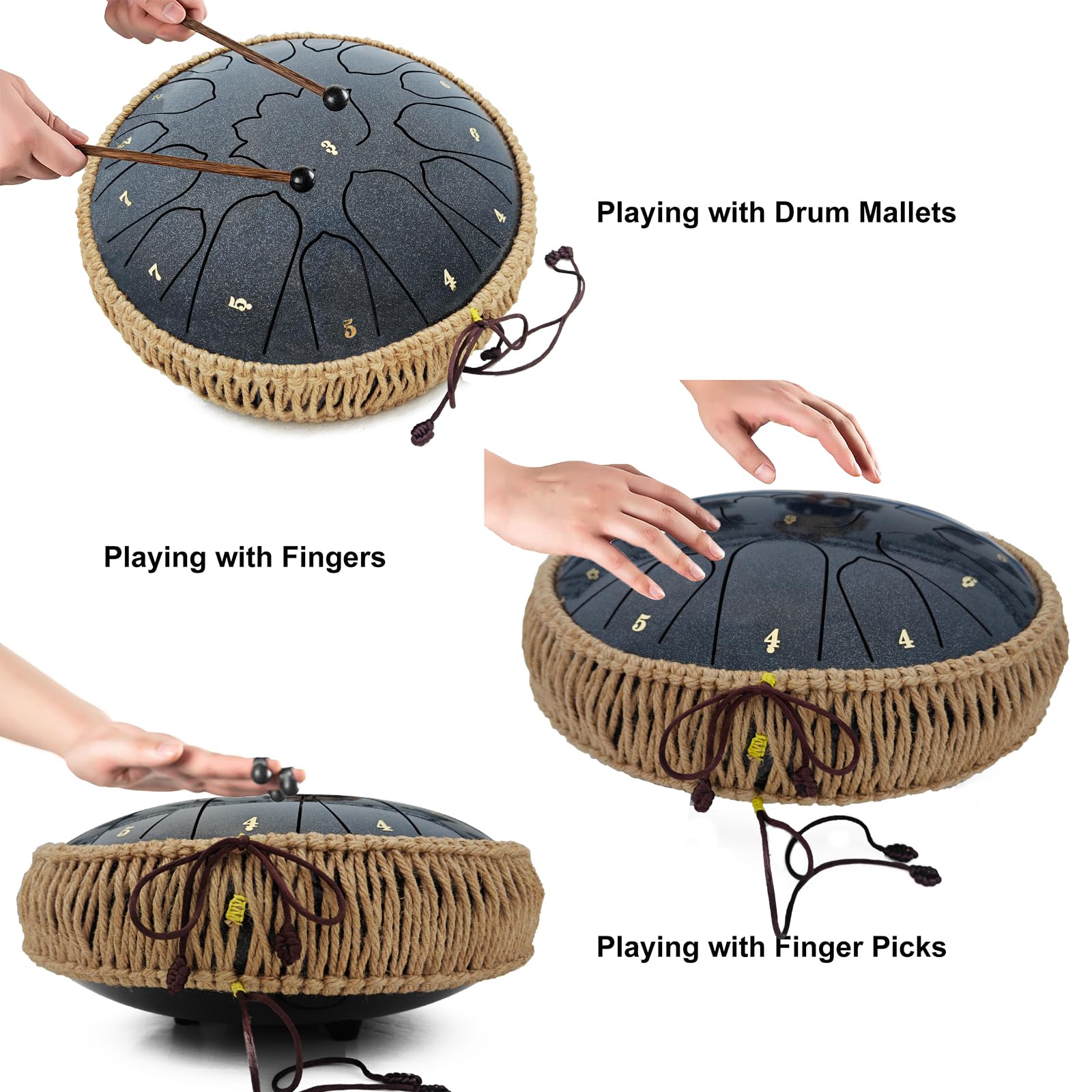 BETESINE Tambor de lengua de acero de 13 pulgadas y 15 notas – C Major Handpan & Rain Drum para yoga, meditación y alivio del estrés – Incluye mazos, libro de música y bolsa de transporte (negro