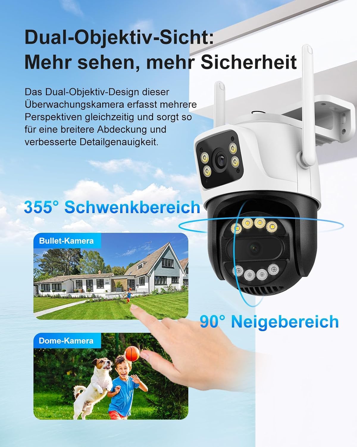 Telecamera di sorveglianza da 6 MP Dual Lens per esterni, Wi-Fi, telecamera di sicurezza WiFi con 2 obiettivi e doppio schermo, PTZ 355°/90°, rilevamento persone, rilevamento automatico, visione