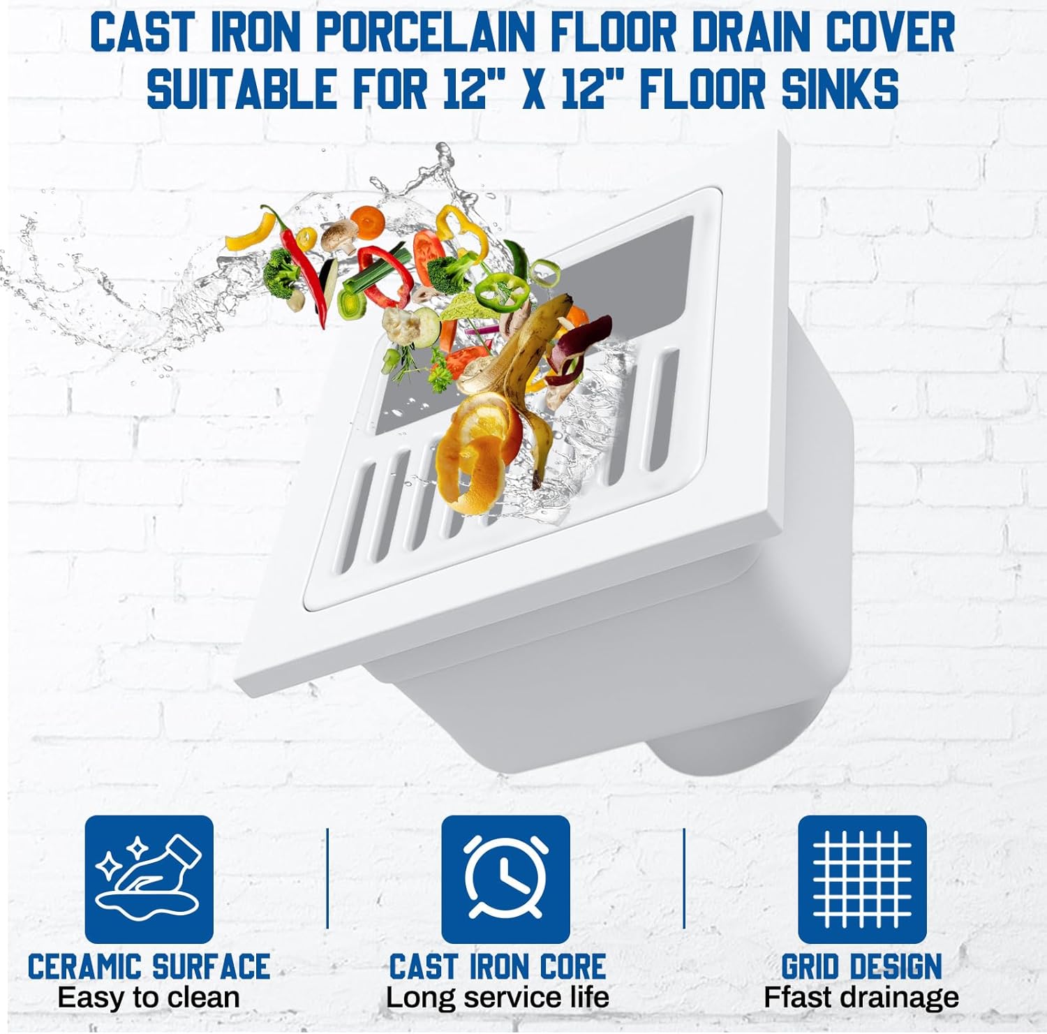 1 Pcs Cast Iron Porcelain Grate Floor Drain Cover 9-1/4 W x 9-1/4 L x 1-1/4h Ceramic Surface Cast Iron Cover Strainer Top 12 x 12 Floor Sinks (Square Enamel Half Lid)