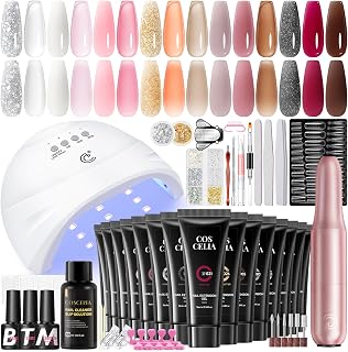 COSCELIA 50PC Poly Nail Gel Kit Starter Kit with Drill and Lamp 15 Colors 16ML Nail Extension Gel for Beginners All Season Nail Decorations Poly Extension Kit Gifts for Women