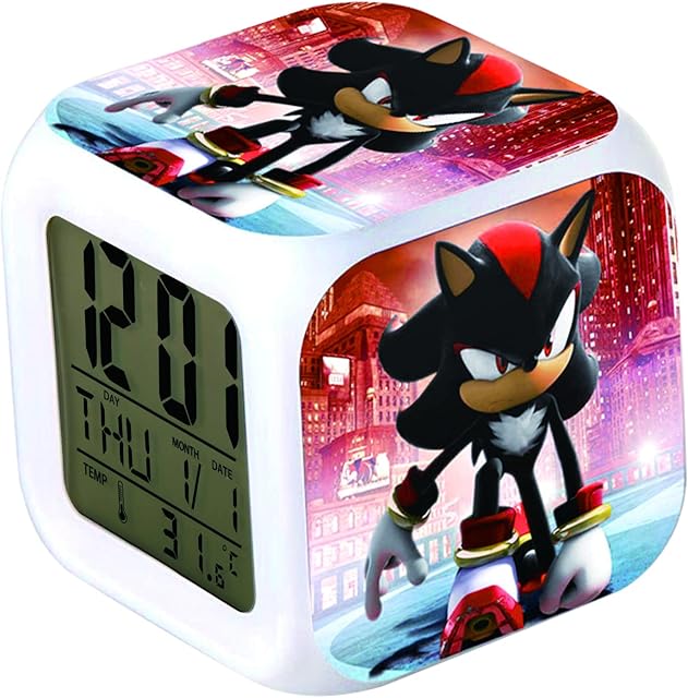 R-timer Sonic The Hedgehog Alarm Clock Digital Clock with Temperature Big LED Night Light, Smart Alarm Clock with Charging Cable for Kids Teenagers Gift Bedroom Decor (Shadow The Hedgehog)