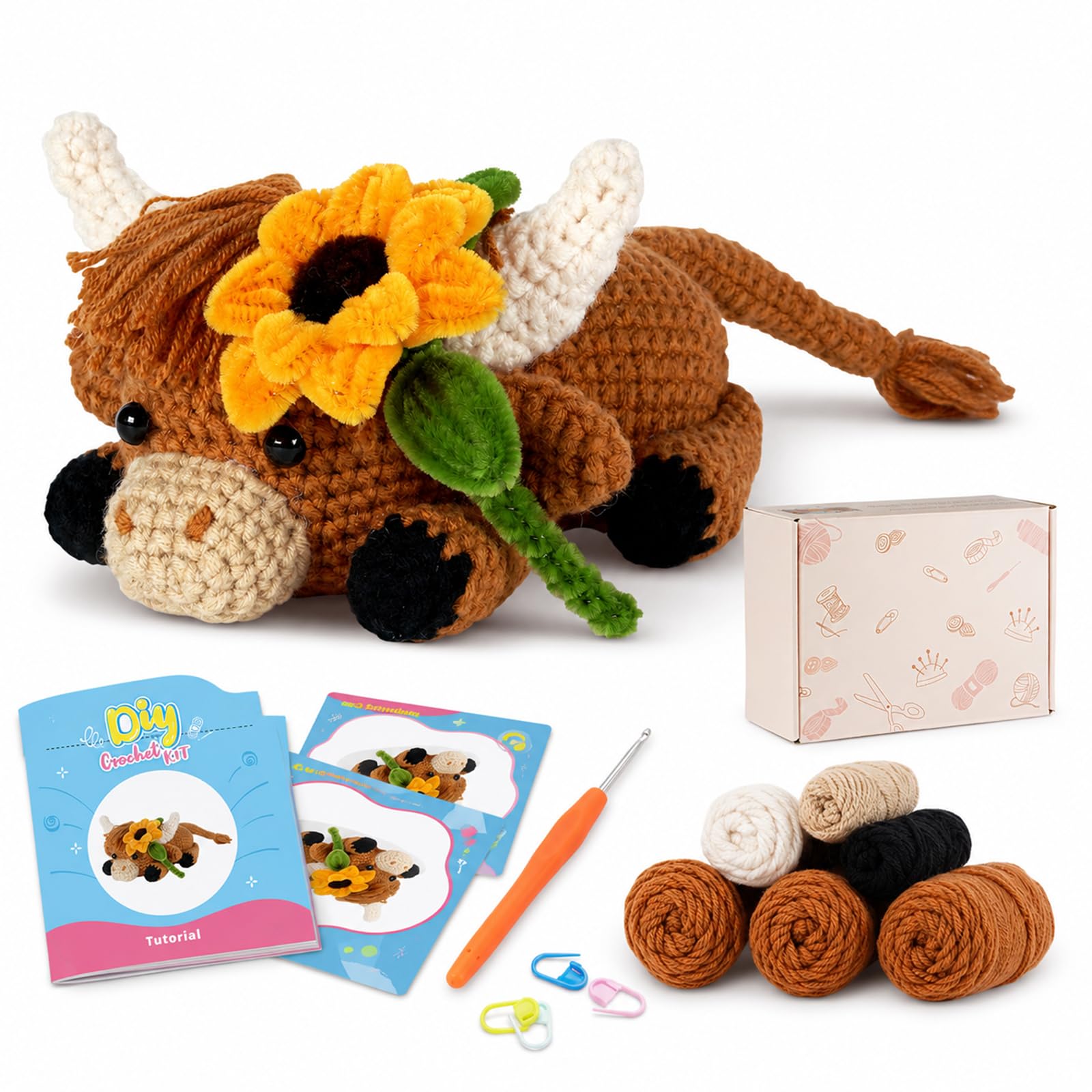 DIY Highland Cow Crochet Kit For Beginners, 1 Sunflower Animal Craft Set