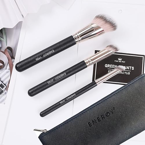 Miniatura 7 de ENERGY Kabuki - Juego de 3 brochas de maquillaje profesional para fijar base de polvo, corrector, bronceador, mezcla con base de crema líquida,