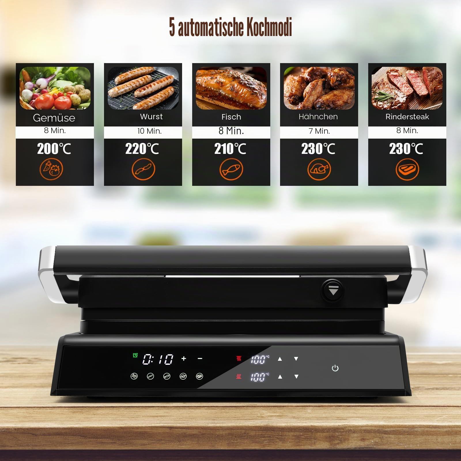 SOARS Sandwichmaker 3-in-1, 1800 – 2000 W, elektrische Panini-Maschine mit 5 Kochmodi, 200 – 230 °C, Öffnungswinkel 180 °, Grillplatte, abnehmbar und waschbar, Timer 0 – 4 Stunden, Schwarz