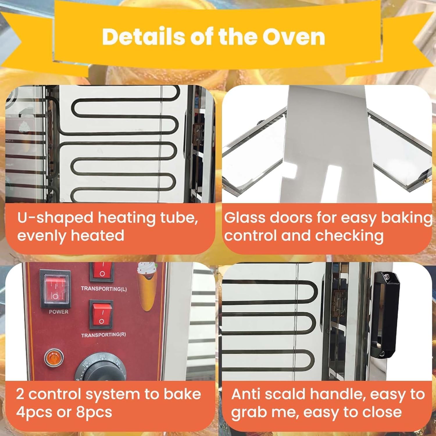 Commercial Ice Cream Cone Maker Chimney Cake Roll Oven Electric Ice Cream Cone Making Machine 8-Station Baking Station with 16pcs Roll Molds for Chimney Cake and Bread Rolls