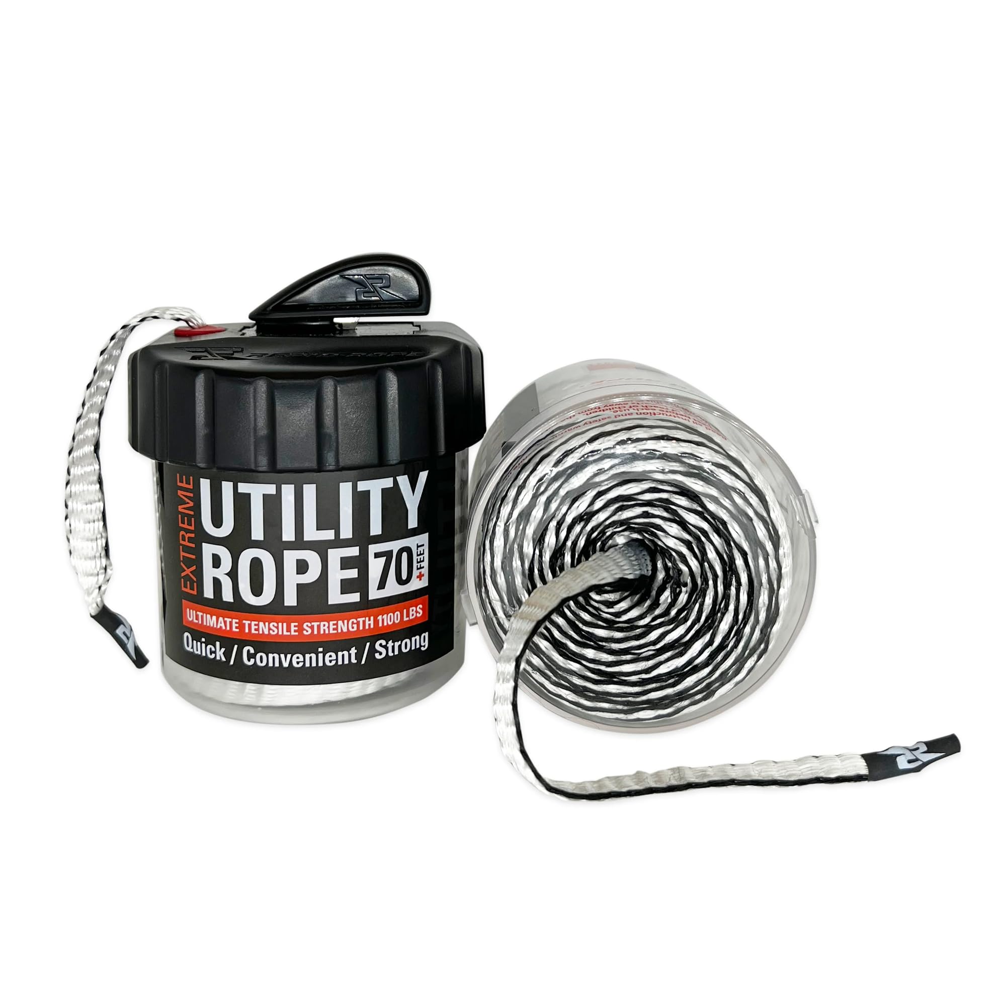 Rapid Rope Canister 70ft White Flat Tactical Paracord, Made in USA, 1100lb Tested Heavy Duty Poly Rope Test Cord, Non-Tangle Dispenser Included - Hiking, Camping, Survival, Utility