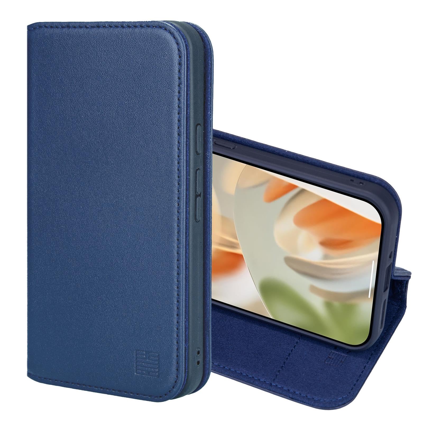 Classic Series 2.0 - Real Leather Book Wallet Flip Case Cover For Google Pixel 9 / Pixel 9 Pro, With RFID Blocking Card Slot, Magnetic Closure and Built In Stand - Navy Blue