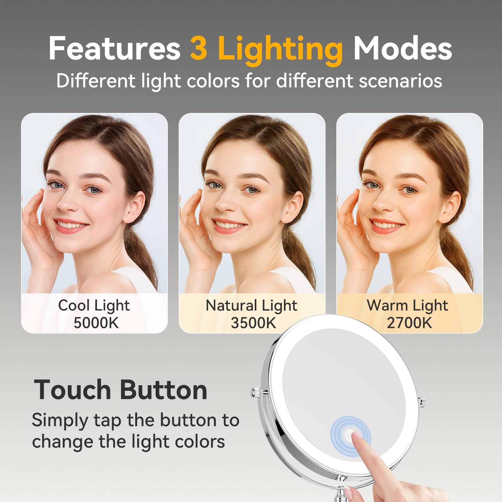 Nicesail Specchio da parete per cosmetici con illuminazione e ingrandimento 10x - Ricaricabile - Luce a 3 colori - Luminosità regolabile - Controllo touch - Cromo - Specchio da bagno a ingrandimento
