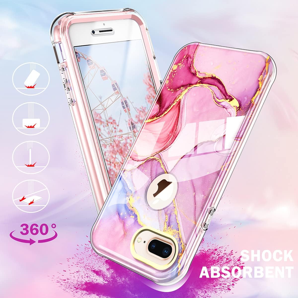 PIXIU Compatible with iPhone 8 Plus / 7 Plus 5.5 inch case Built with Screen Protector, Lightweight Full Body Shockproof Protective Rugged TPU Case for Apple iPhone 7plus / 8plus Marble