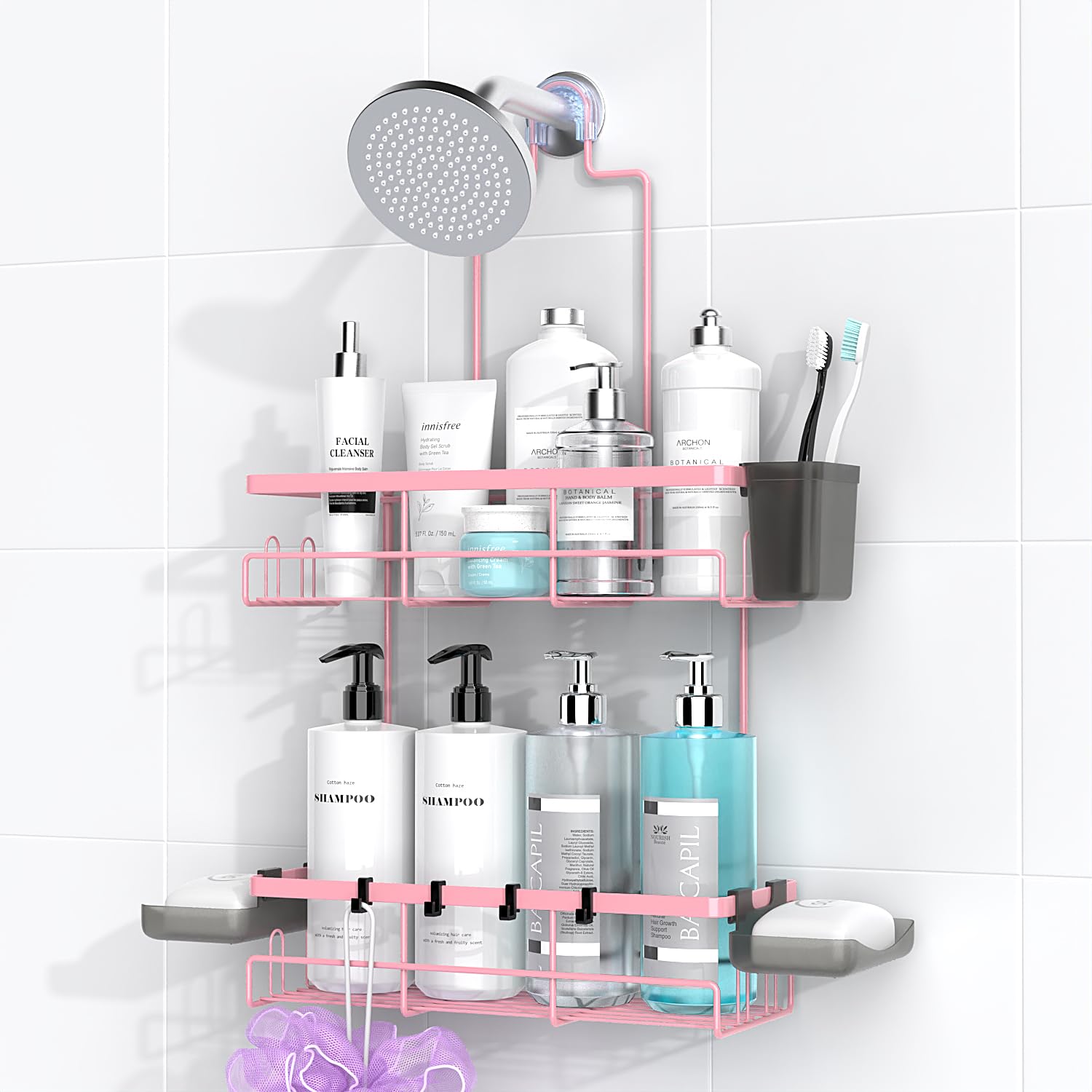 AKTECKE Shower Caddy Hanging Bathroom Organizer: Rustproof Shower Shelf for Inside Shower - No Drilling Shower Racks Over Showerhead - Bath Shower Shelves Rack for Shampoo Soap Pink