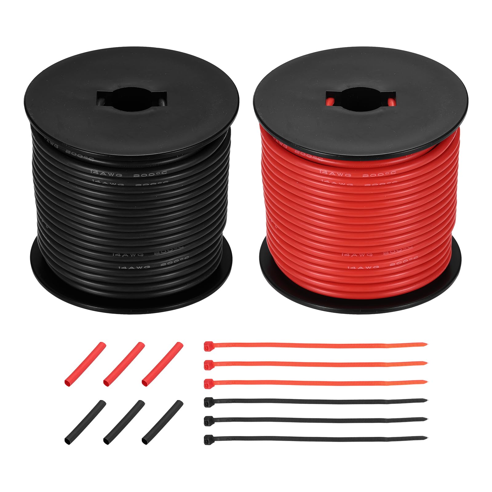 sourcing map 2pcs 14 AWG Silicone Electrical Wire Spool, 14 Gauge 30.5m/100ft Tinned Copper Electrical Wires with Heat Shrink Tubing & Cable Ties for Automotive, RV Inverter - Red & Black