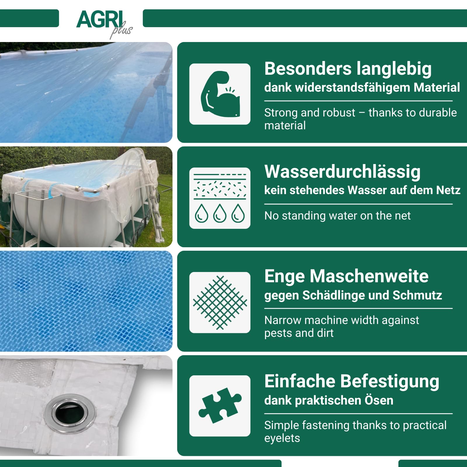 AGRI plus Poolnetz mit Ösen I 2,5 x 2,5 m I Verschiedene Maße I Engmaschiges Netz 0,8 x 0,8 mm I Abdeckung für Pool I Schutznetz mit Randverstärkung I Abdecknetz UV-stabil & wasserdurchlässig