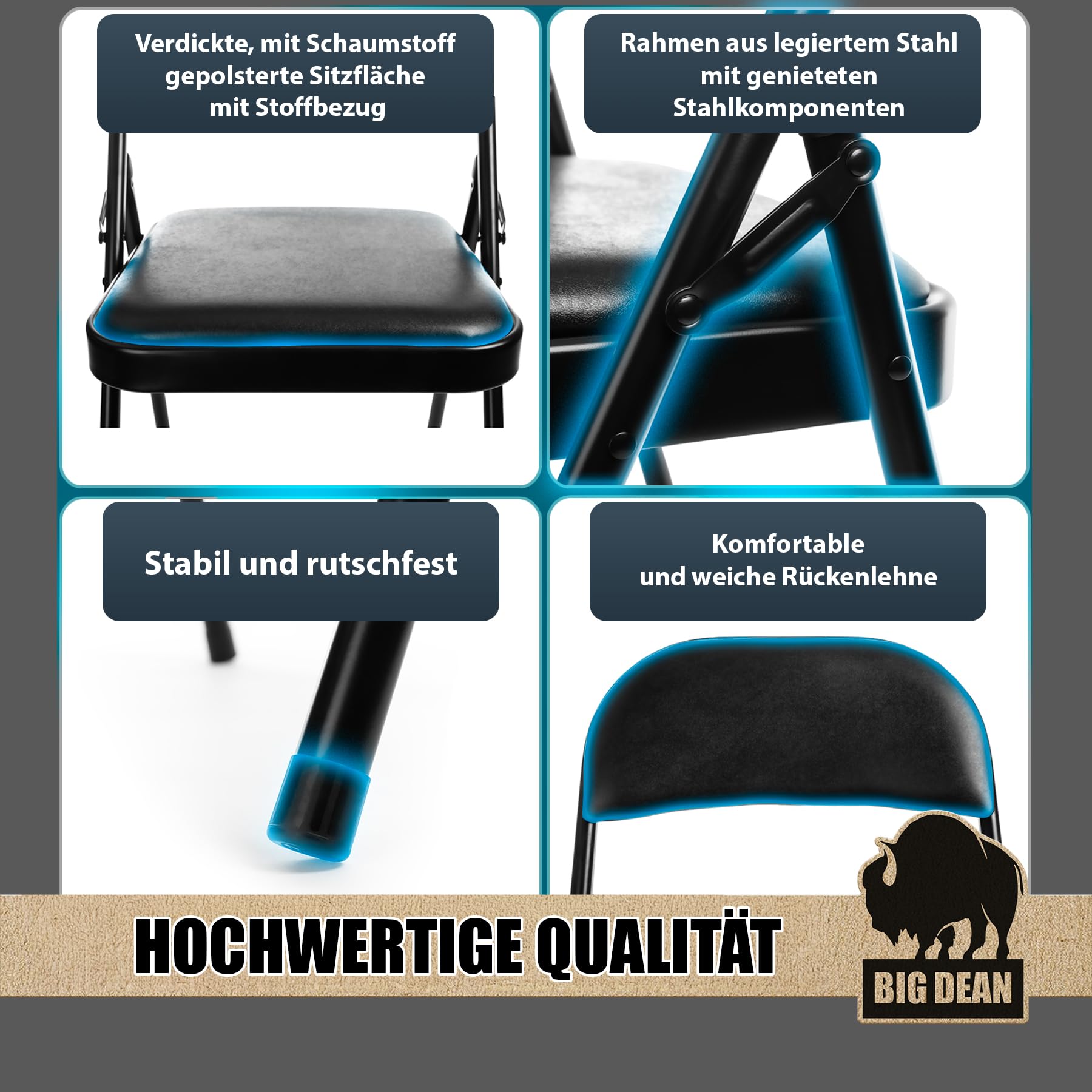 BigDean Klappstuhl 6 Stück gepolstert Klappstühle schwarz Metall Stuhl mit Kunstlederbezug robust bis 130 kg belastbar