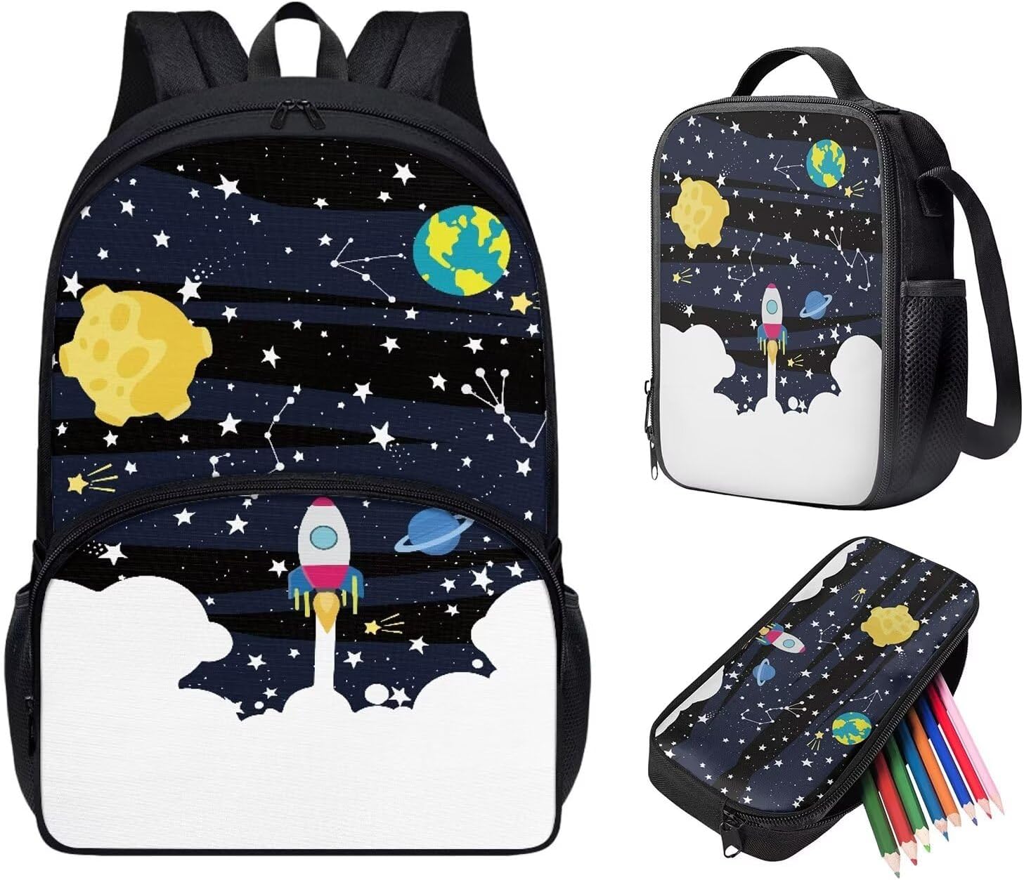 HUIACONG Rocket Space Universe Kids Backpacks Set for Boys School Bookbag with Lunch Bag Pencil Case Large Capacity Casual Rucksack 3 Pcs Set