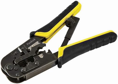 Yankok [RJ45 RJ12 RJ11 Modular Crimper] for CAT5/5e CAT6 Network Connectors 8P/6P/4P and UTP/STP Ethernet Cables Strip Cut and Crimp Tool N5684R Black Handle Ratcheting Mechanism. Easy to Storage