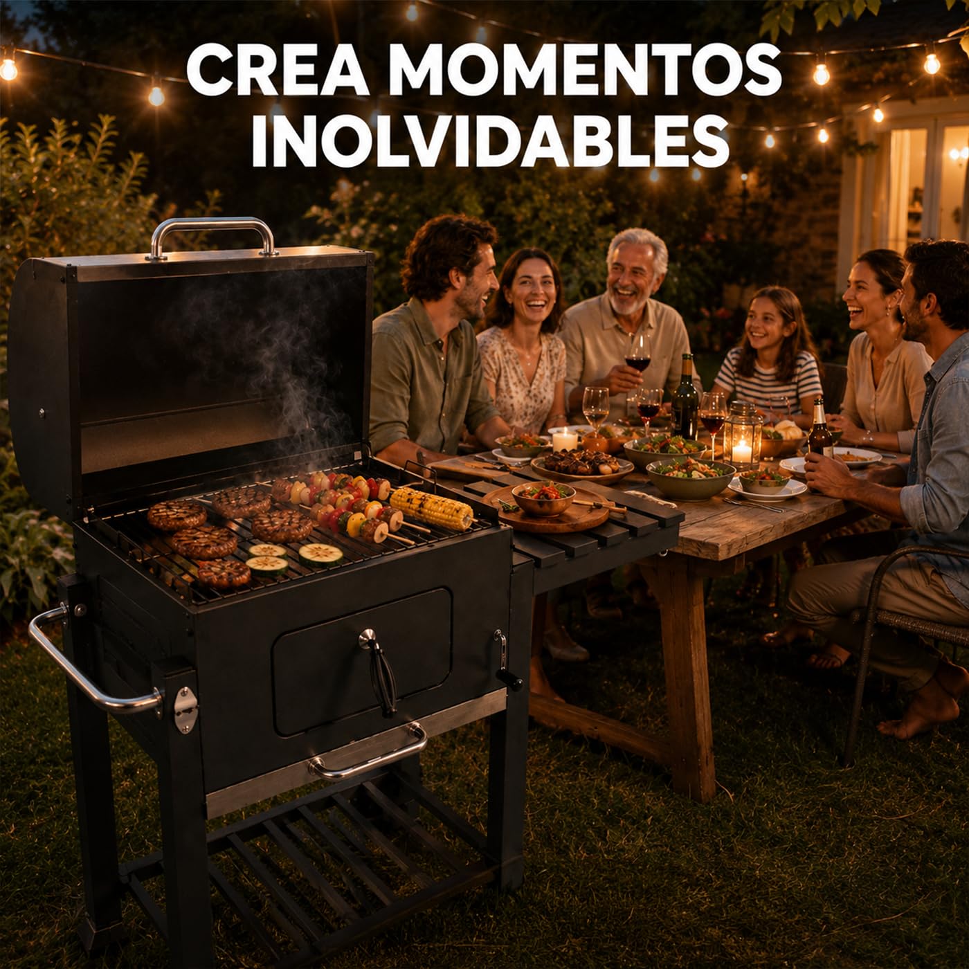 Barbacoa de carbón con tapa y ruedas – Parrilla amplia, mesas laterales, bandeja inferior, color negro, estructura resistente – Barbacoa para jardín y terraza Lorvik