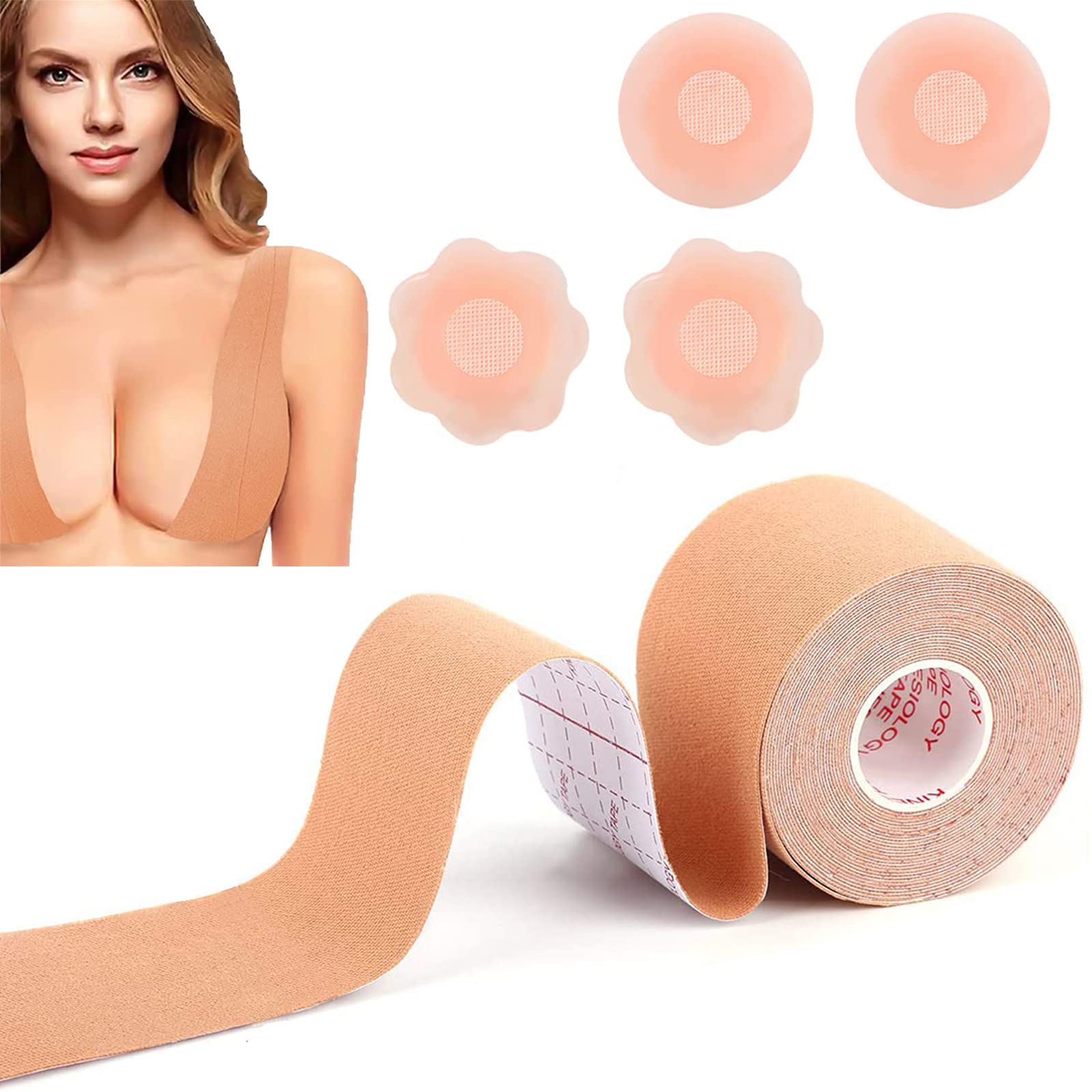 MILIWANBoob Tape Booby Tape Bob Tape with 4 Silicone Nipple Cover Invisible Breast Lift Tape for Large Breasts A-G Cup Backless Strapless Dresses Bridal Gowns-5M Roll 5CM Width