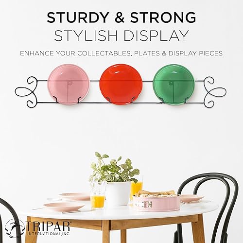 Vista 6 de TRIPAR Estante horizontal para platos, pantalla negra (3 lugares), acabado de metal duradero y resistente con diseños de voluta, muestra bellamente