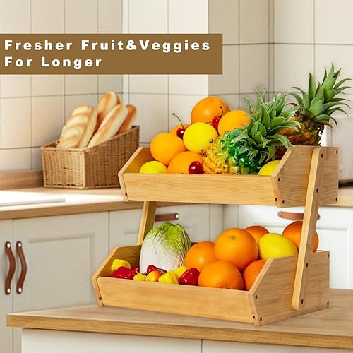 Miniatura 4 de YESHI Cesta de frutas de bambú para encimera de cocina, soporte de frutas de 2 niveles de 11 pulgadas de alto para almacenamiento de frutas y