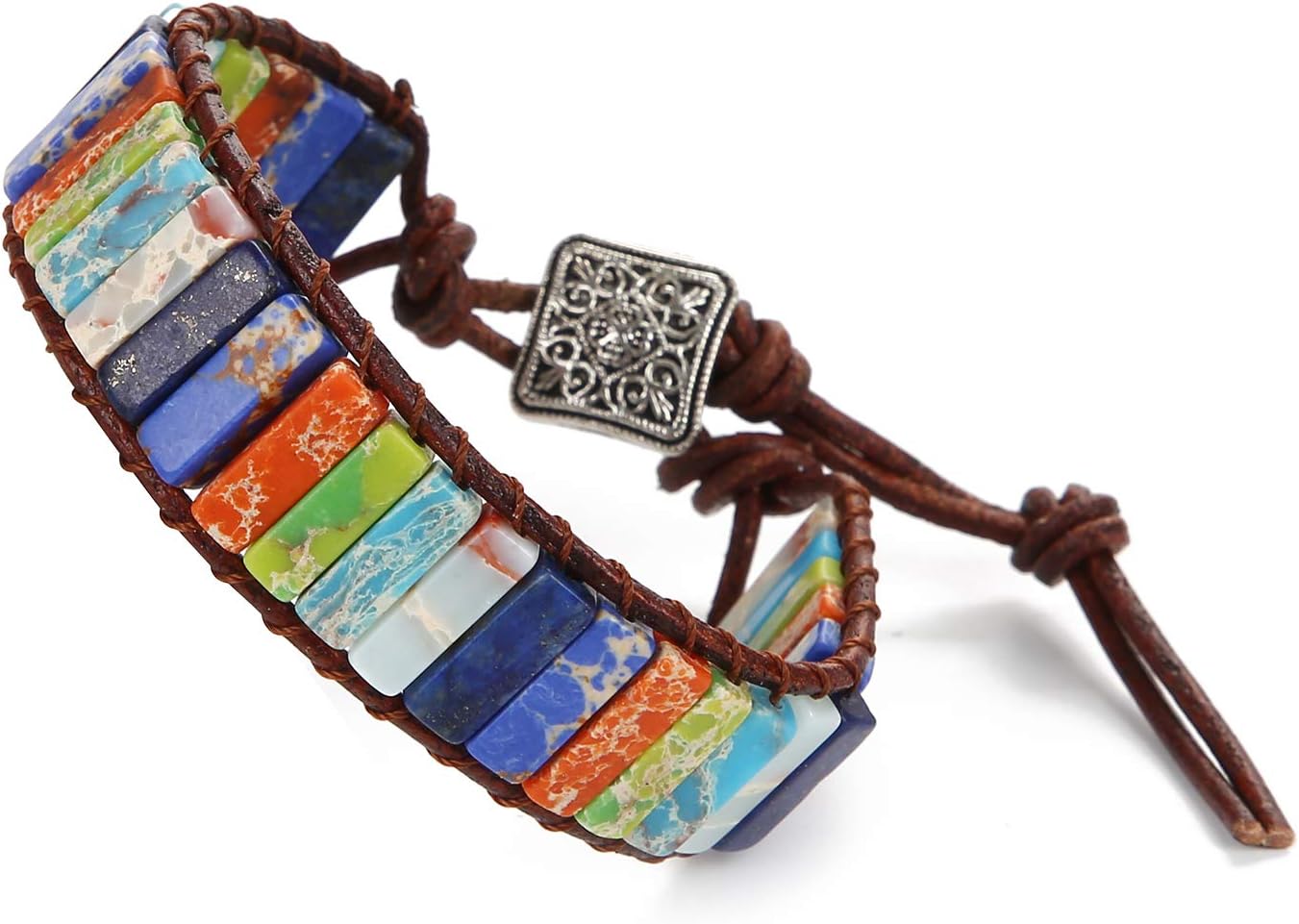 WELLVO Chakra Healing Handmade Imperial Jasper Nature Stone Wrap Bracelets Leather Bracelets for Men Women Adjustable Bead Yoga Bracelets (Chakra Stone)