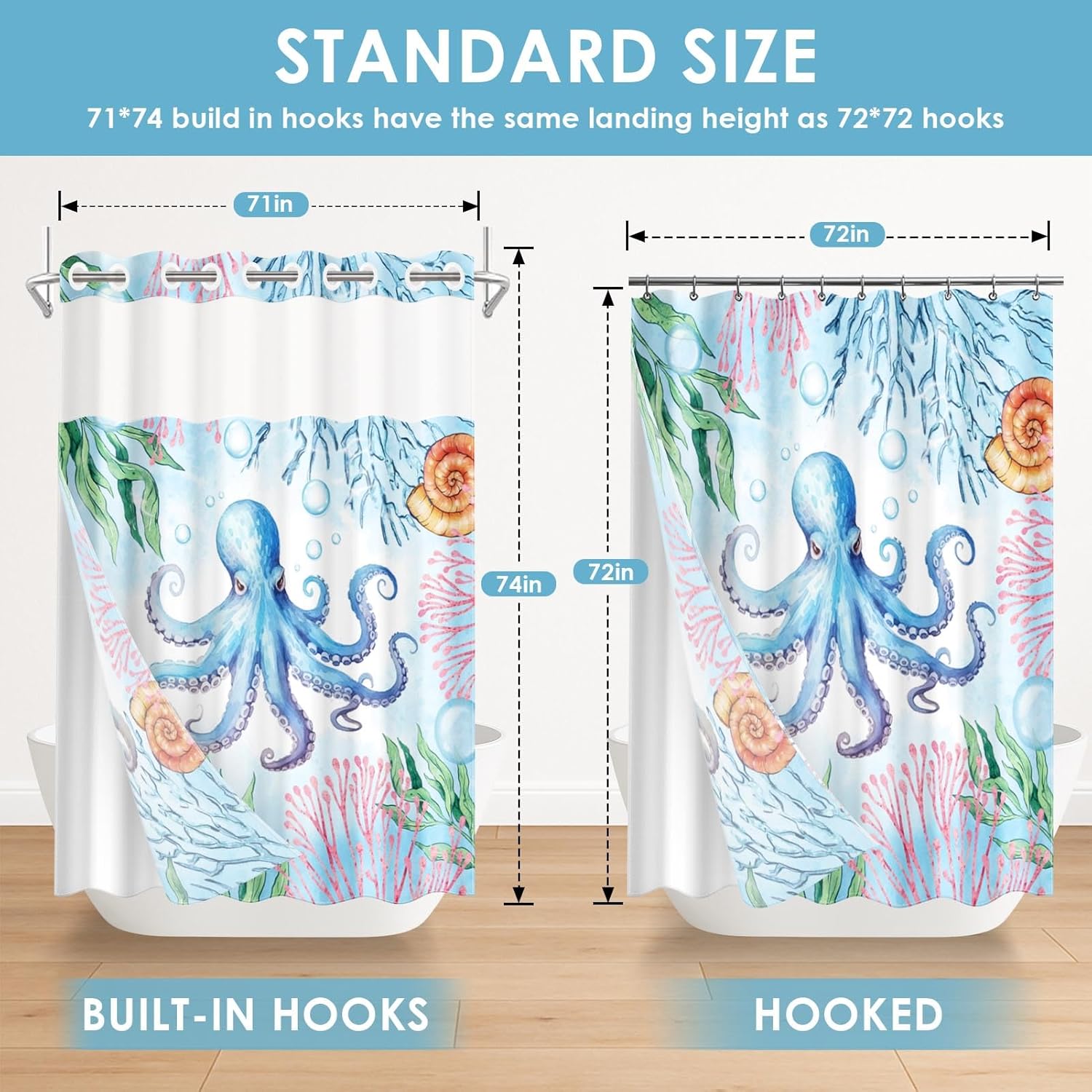 No Hook Sea Blue Octopus Shower Curtain with Snap in Fabric Liner Set, Summer Ocean Coral Double Layers Waterproof Fabric with See Through Top Window Open Grommet Bath Curtain 71x74 Inch