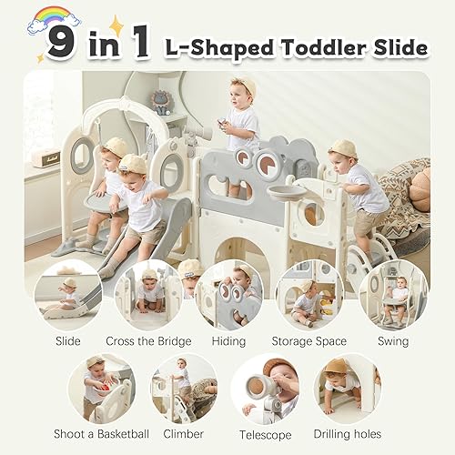 Miniatura 3 de Tobogán para niños pequeños, 9 en 1 plegable para interiores de 1 a 3 años, tobogán extra largo con aro de baloncesto para interiores y exteriores,