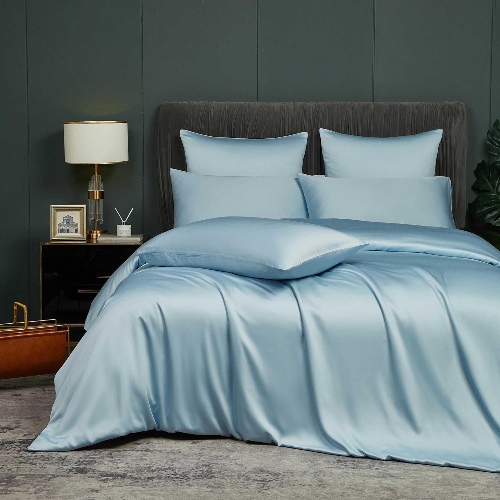 Luowei Bettwäsche 135 x 200 cm 4 Teiliges Blau Sommer Bambus Seidig Kühlung Bettwäsche Set aus Bambus Polyester Atmungsaktiv Hautfreundlich Bettbezüge mit Reißverschluss und 2 Kissenbezüge 80x80cm
