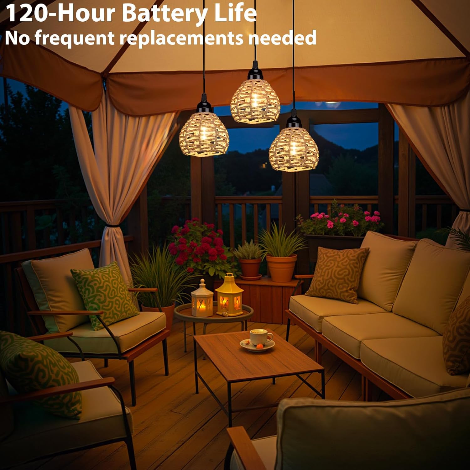 3 Pack Outdoor Battery Operated Chandelier, Small Hanging Rattan Pendant Lights with Dimmable Timer, Warm White Waterproof Lamps for Gazebo Yard Porch Patio Garden Backyard Decor