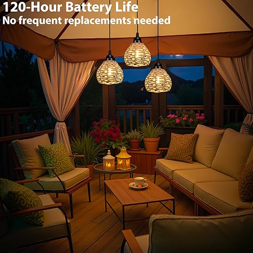 Miniatura 6 de Paquete de 3 lámparas de araña para exteriores, pequeñas luces colgantes de ratán con temporizador regulable, lámparas impermeables blancas cálidas