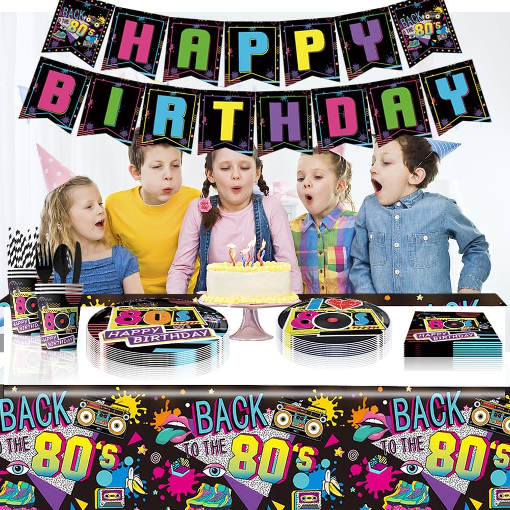 80s Birthday Decorations Party Supplies, 80's Themed Party Tableware 172pcs Serves 20 - Plates, Napkins, Cups, Cutlery, Tablecloth, Banner, Hanging Swirls, Cupcake Toppers for 80s Hip Pop Party