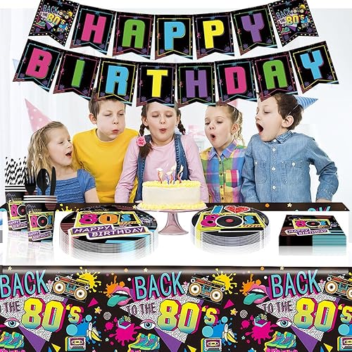 Miniatura 5 de Decoraciones de cumpleaños de los años 80, vajilla de fiesta temática de los 80, 172 piezas para 20 platos, servilletas, vasos, cubiertos, mantel