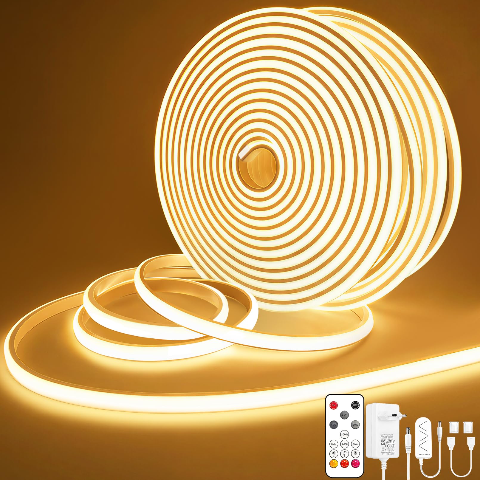 Lamomo Tira LED COB de 20 m, 2 rollos de luz blanca cálida, regulable, resistente al agua, 3000 K, con mando a distancia, 10 mm de ancho, barra de luz flexible de silicona para dormitorio, interior