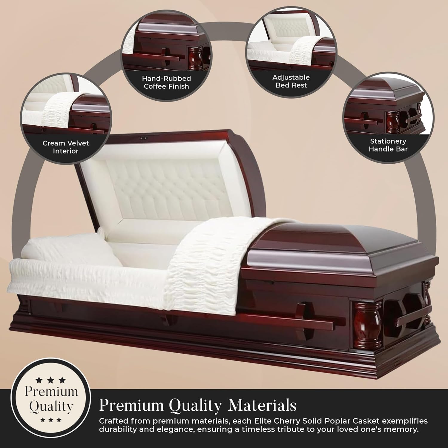 Overnight Caskets Elite Cherry Wood Funeral Casket with Almond Velvet Interior - Solid Poplar Wood - Fully Appointed Adult Casket for Cremation or Burial - Handcrafted Coffin with Pillow & Throw Set